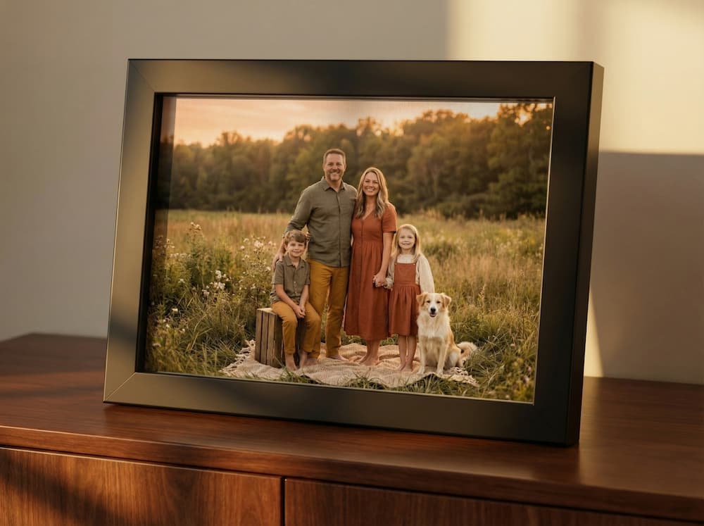 Framed family portrait on a shelf